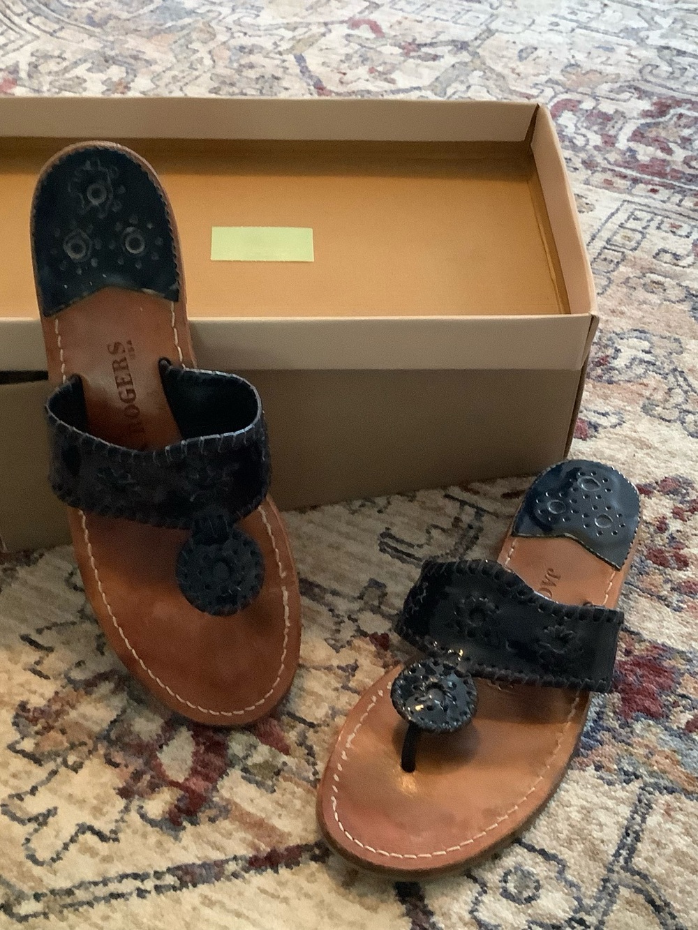 Jack Rogers Blue patent Leather Slide Sandals with Tan Footbed